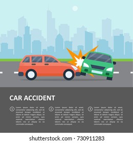 Car Accident Template. Street Crash, Vehicle Smash, Wreck, Collision Scene, What To Do Text, Insurance Company, Auto Accident Attorney Or Police Poster. Vector Flat Style Cartoon Illustration