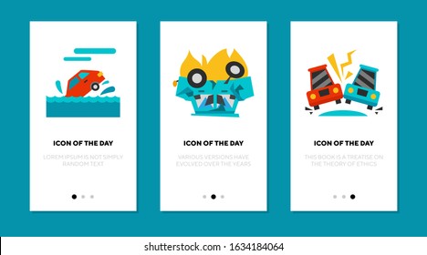 Car accident thin flat icon set. Danger, automobile, crash isolated vector sign pack. Driving and transport concept. Vector illustration symbol elements for web design and apps
