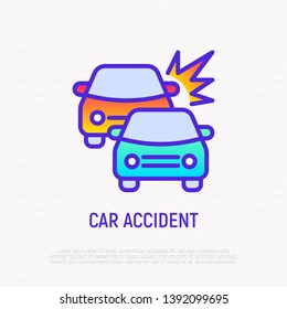 Car accident thin line icon: two cars are crashed each other. Modern vector illustration.