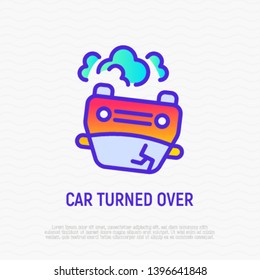 Car accident thin line icon: car turned over, front view. Modern vector illustration for transport insurance.