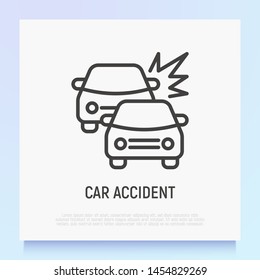 Car accident thin line icon: two cars are crashed each other. Modern vector illustration.