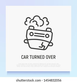 Car accident thin line icon: car turned over, front view. Modern vector illustration for transport insurance.