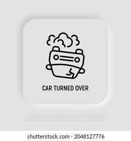 Icono de la línea delgada del accidente automovilístico, auto girado, vista frontal. Ilustración vectorial moderna para el seguro de auto.