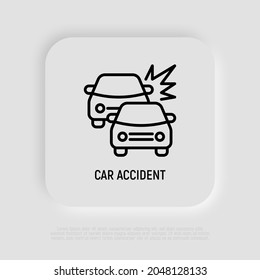 Icono de la línea delgada de accidentes de auto, dos autos se chocan entre sí. Ilustración vectorial moderna.
