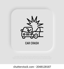 Car accident thin line icon, two cars are crashed each other. Modern vector illustration.