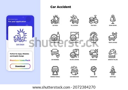 Car accident thin line icons set: crashed cars, tow truck, drunk driving, safety belt, traffic offense, car insurance, falling in water, warning triangle. Modern vector illustration.