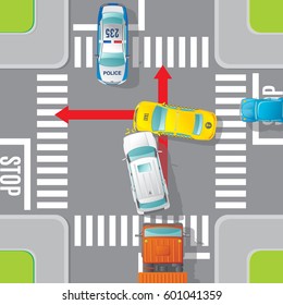 Car accident top view concept with crash of jeep and taxi on road intersection vector illustration