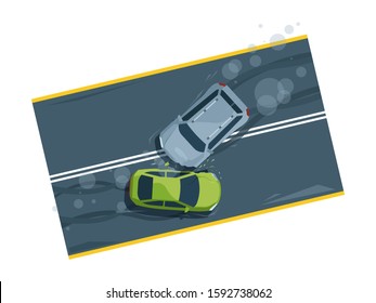 Car accident top view flat vector illustration. Vehicle collision on road. Damaged automobiles on highway. Transportation calamity, auto wreck. Transport crash isolated on white background