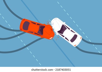 Car Accident Top View. Two Crash Cars Above, Road Traffic Collision Angle Intersection Speed Street Driving Auto Insurance Damage Body Vehicle, Cartoon Splendid Vector Illustration