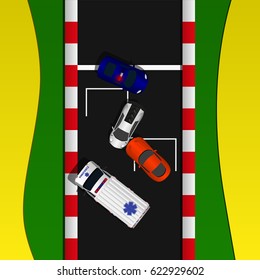 Car accident top view vector illustration. Ambulance and police cars.