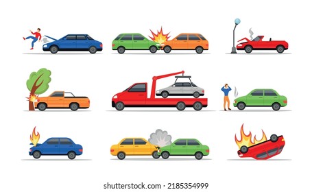 Car accident. Transport crash. Broken vehicle with damaged bumper. Road traffic or automobile crush. Repair of motor or wheel. Careless driving. Auto disasters set. Vector illustration