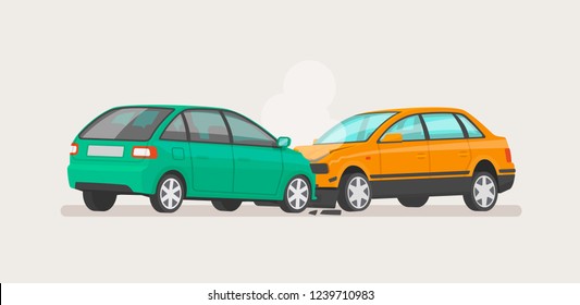 Accidente automovilístico. Dos autos rotos. Ilustración vectorial para el seguro de vehículos.