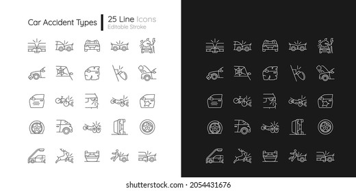 Car accident types linear icons set for dark and light mode. Road traffic crashes. Risk for serious injury. Customizable thin line symbols. Isolated vector outline illustrations. Editable stroke