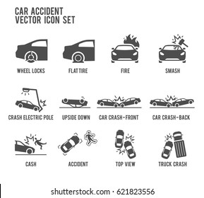 Car Accident Vector Icon Illustration.  Included The Icons As Smash, Flat Tire, Wheel Lock, Crash, Upside Down, Fire, Truck Crash And More.