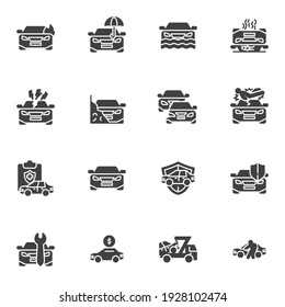 Juego de iconos vectoriales de accidentes de auto, colección de símbolos sólidos modernos de autoseguro, paquete de pictogramas estilo relleno. Señales, ilustración del logotipo. Set incluye iconos como seguro de auto, póliza automática, cobertura de inundación