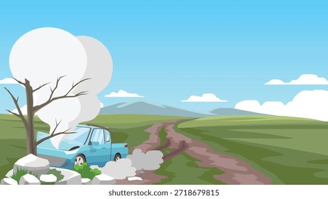 Autounfall, Vektorgrafik eines blauen Pickup-Trucks, der mit Rauch und Gleitspuren in einen toten Baum stürzt. Auto-Versicherung, Straßenverkehrssicherheit und Fahrzeugschaden Konzept auf einer ländlichen Landschaft.