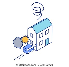 Car accident vector illustration of an isometric view of a car crashing into a building. The vehicle that crashed into the house has broken down and is emitting smoke.