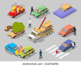 Autounfallvektor. Straßenverkehrsunfall, Kfz-Kollision, Diebstahl, treffen Fußgänger, Überschwemmung, Explosion, Baumfall isolierte isometrische 3D-Set