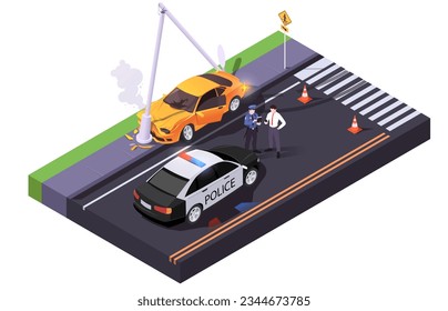 Car accident, vehicle wreck, road, street, crosswalk, automobile, police, transport. Insurance, repair, service, broken coupe, damage, caution. Isometric vector illustration.