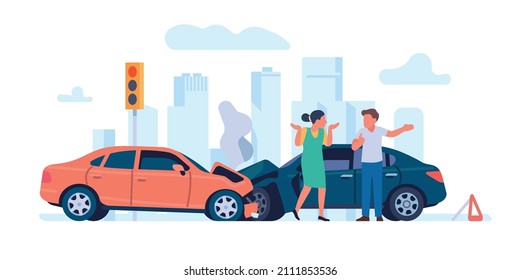 Car accident. Vehicles crash. Drivers argue at stoplight. Broken automobiles. Traffic rules violation. Transport collision illustration. Wrecked autos and persons quarrel