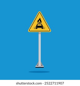 Sinal de aviso de acidente de carro queimando na prancha de triângulo amarelo. Adequado para cartazes e ícones da Web