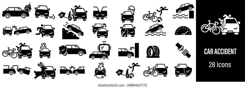 In: Car Accident Web Icons. Zerbrochenes Auto, Seitenaufprall, Versicherung, Straßenhindernisse, Fahrzeug. Vektorgrafik in Liniensymbolen