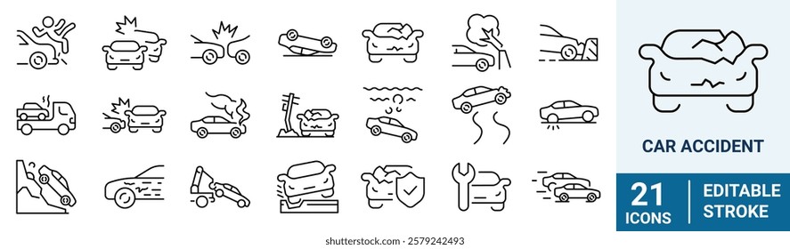 Car accident web line icons. Frontal Collision, Broken Car, Damaged Elements and more.