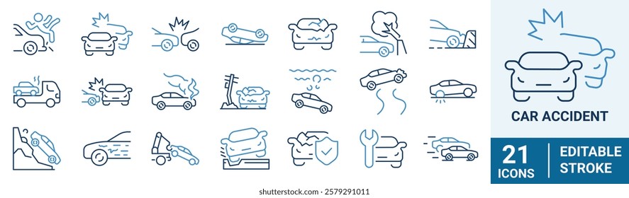 Car accident web line icons. Frontal Collision, Broken Car, Damaged Elements and more.