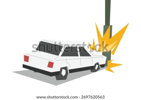Car accident. A white car crashes into a utility pole. Vector illustration.
