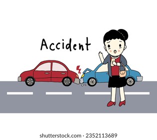 Car accident, woman with car accident. Hand drawn style vector illustration