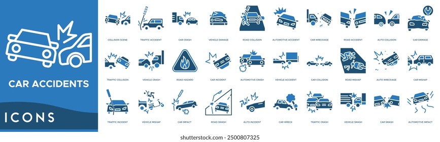 Car Accidents icon set. Collision Scene, Traffic Accident, Car Crash, Vehicle Damage, Road Collision, Automotive Accident, Car Wreckage, Road Accident and Auto Collision