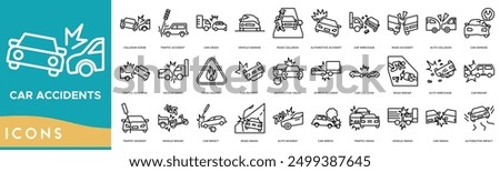 Car Accidents icon set. Collision Scene, Traffic Accident, Car Crash, Vehicle Damage, Road Collision, Automotive Accident, Car Wreckage, Road Accident and Auto Collision