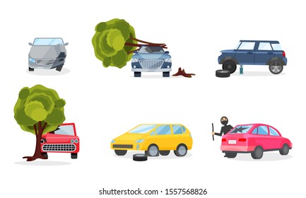 Car Accidents And Insurance Cases On The Road Vector Illustration Set Isolated On White Background