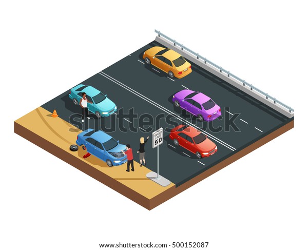 Car accidents\
isometric composition with two people having flat tyre and asking\
for help vector\
illustration