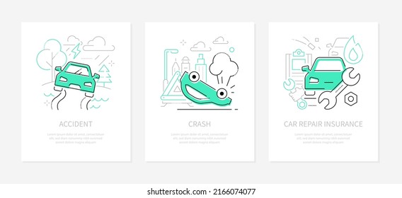 Autounfälle - Line Design-Banner mit Platz für Text. Absturz, Siddharta, Reparatur Versicherungsanzeige. Szenen, Skizzen, Autoservice, Werkzeuge, Fahrzeugschäden und Notfallbilder