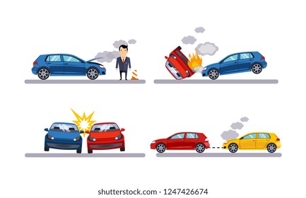 Car accidents set, auto crash flat vector Illustration on a white background