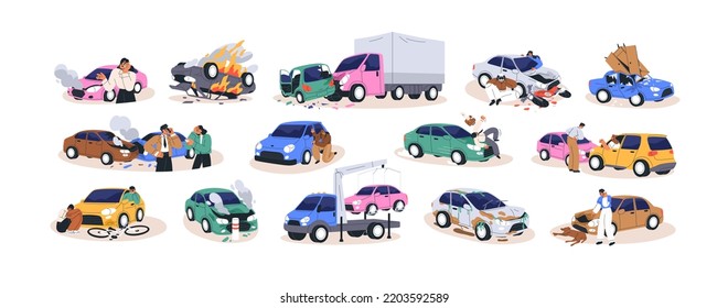 Car accidents set. Crash, collision at road traffic. Drivers, pedestrians and broken auto, damaged transport, injured people after crush. Flat graphic vector illustrations isolated on white background - Shutterstock ID 2203592589