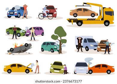 Car accidents set. Crash, collision at road traffic. Car damaged vehicle transportation. Drivers, pedestrians and broken auto, damaged transport, injured people after crush.