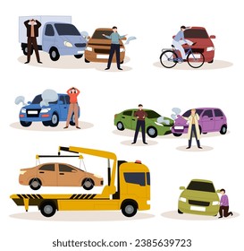 Car accidents set. Crash, collision at road traffic. Car damaged vehicle transportation. Drivers, pedestrians and broken auto, damaged transport, injured people after crush.