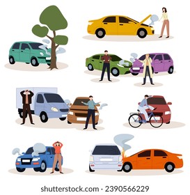 Car accidents set. Crash, collision at road traffic. Car damaged vehicle transportation. Drivers, pedestrians and broken auto, damaged transport, injured people after crush.