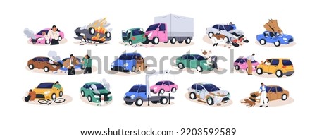 Car accidents set. Crash, collision at road traffic. Drivers, pedestrians and broken auto, damaged transport, injured people after crush. Flat graphic vector illustrations isolated on white background