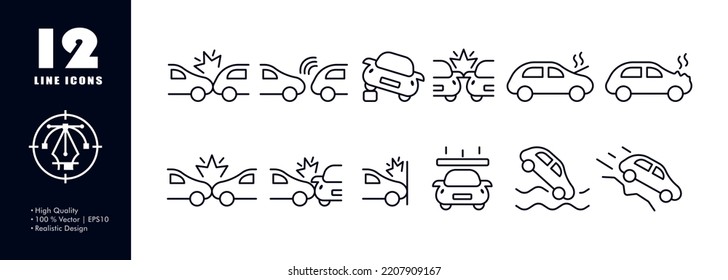 Icono de juego de accidentes de auto. Colisión, choque en la pared, explosión, sobrecalentamiento, caída en el agua, caída del acantilado, distanciamiento, caída de losa de concreto. Concepto de tráfico por carretera. Icono de línea de vector para empresas.