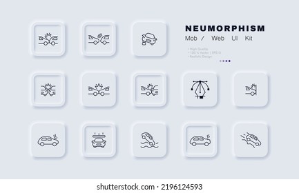 Car Accidents Set Icon. Fall From Cliff, Overheating, Fall Into Water, Falling Concrete Slab, Crash Into Wall, Collision, Explosion, Keep Distance. Road Traffic Concept. Neomorphism. Vector Line Icon.