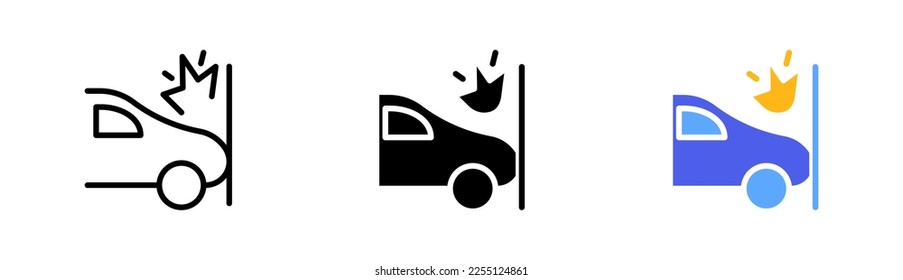 Car accidents set icon. Falling tree, fall off a cliff, overturned car, collision, dent, hood, fire, distance, crash, overheating. Vector icon in line, black and colorful style on white background