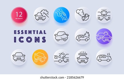 Car accidents set icon. Road traffic, fall off a cliff, collision, crash, car dent, fire, explosion, heavy object, overheating, danger, caution. Warning signs concept. Neomorphism. Vector line icon.