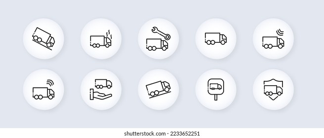 Car accidents set icon. Warning signs, minivan, collision, overheating, slope, crash, shield, wrench, fall into a body of water. Road traffic concept. Neomorphism. Vector line icon for Business