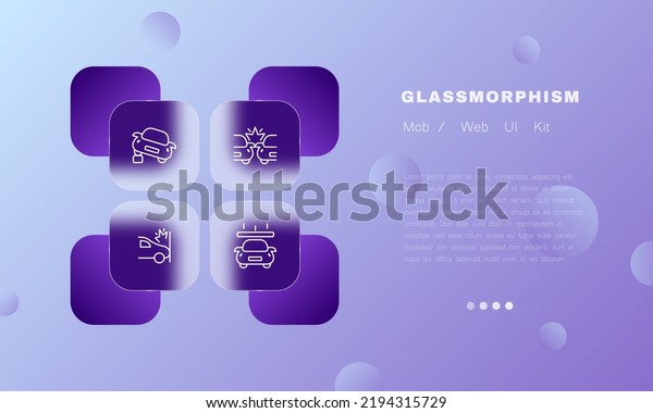 Car accidents set icon. Wheel on border,
collision, crash into wall, keep distance, falling of heavy object,
explosion, drive. Road traffic concept. Glassmorphism style. Vector
line icon for Business.