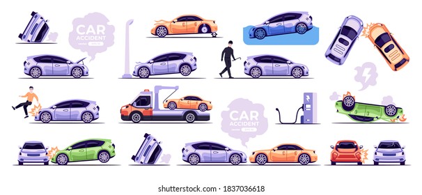 Car accidents set isolated on white background. Broken car, stolen by thief, damaged, car hitting a man. Flat style eps10 illustration. Vehicle crush on the road. Simple modern design.