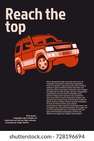 Car ad poster. Vector illustration. Red suv on black background with sample text