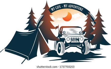 Car Adventure standing beside of tent camping in the evening